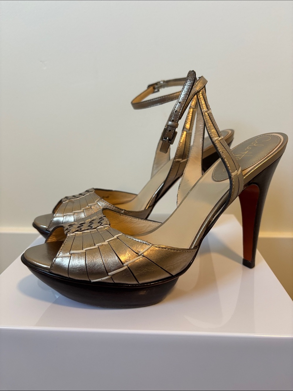 ColeHaan Metallic Bronze Ankle-Strap Peep-Toe Heels